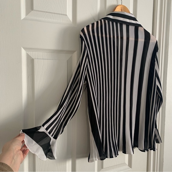 Essentials by Milano Black & White Striped Flutter Wrist Blouse - Picture 9 of 9